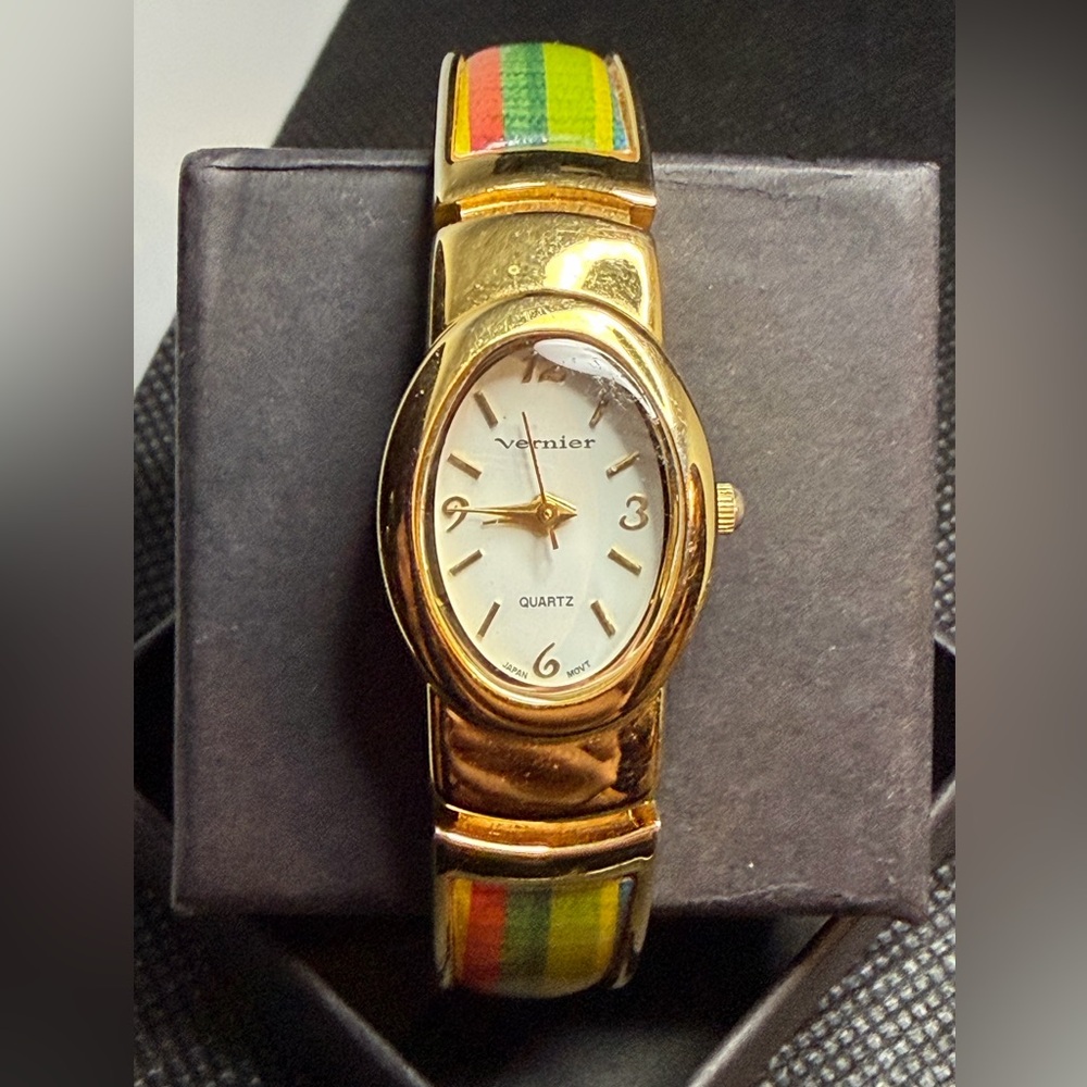 Gold Women's Watch with Multicolor Strap